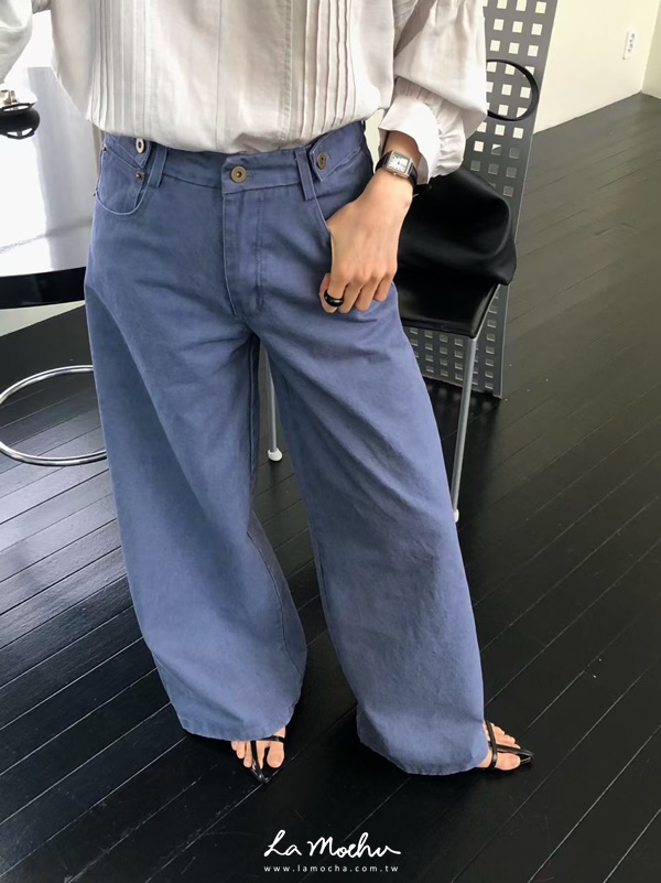 腰雙鈕扣垂墜牛仔寬褲